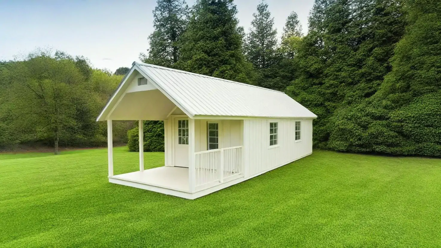 A cozy, converted portable building used as a home office or studio.